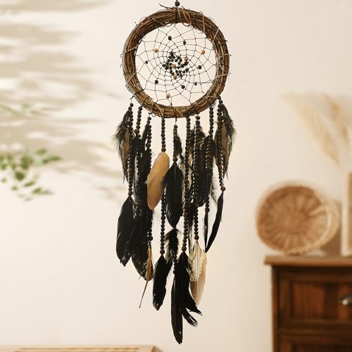 Dream Catcher Native American Boho Dreamcatcher Black Wall Decor, Handmade Rattan Natural Goose Feathers Wall Art Hanging Indian Room Decor for Bedroom Living Room - color: Black