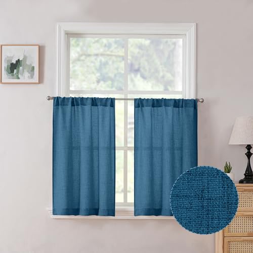 Tollpiz Linen Tier Curtains Rod Pocket Semi Sheer Short Kitchen Curtain Half Burlap Light Filtering Thick Linen Drape for Bathroom, 30 x 30 inches Long, Classic Blue, Set of 2 Panels - color: Classic Blue, size: 30"W x 30"L (Pack of 2)