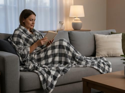 MACEVIA Flannel Fleece Throw Blanket for Couch, Buffalo Plaid Blanket Gray and White, Lightweight Cozy Soft Blanket for Bed Sofa 260GSM, Suitable for All Seasons (Gray White Checkered,60x50inches) - color: Grey White Checkered, size: Flannel Fleece (50x60