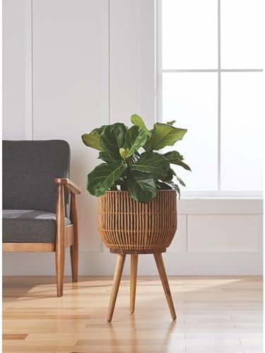 13" Round Rattan Planter with Wooden Stand, Natural Woven Rattan Planter, Rustic Boho Indoor & Outdoor Woven Flower Pot for Home and Garden Decor