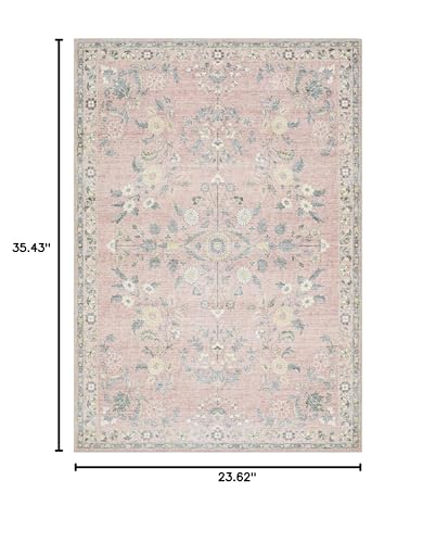 Hauteloom Constantine Machine Washable Area Rug - Floral Border Medallion Distressed Botanical - Traditional Oriental Transitional Oushak - Blush, Sage, Ivory, Pink, Gray - 2' x 2'11" - color: Blush, Sage, Ivory / Meyly, size: 1'11" x 2'11" (Rectangular)