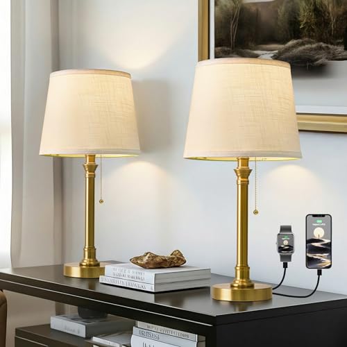 Oneach 19.5" Gold Table Lamp Set of 2, Small Bedside Table Lamps with USB A+C Charging Ports, Pull Chain Switch, Brass Modern Nightstand Lamps for Living Room, Bedroom, Nursery - color: Gold USB-2Pack