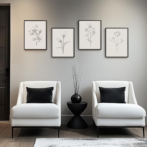 Framed Black and White Floral Wall Art, 4 Piece Vintage Gray Botanical Canvas Prints Painting Artwork, Minimalist Neutral Flower Pictures for Farmhouse Bedroom Living Room Bathroom Home Decor, 11x14 - color: Drawing - Black Framed, size: 11" W x 14" H x 4
