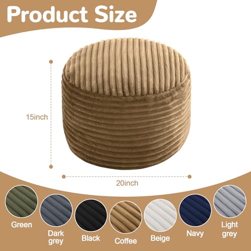MeMoreCool Stuffed Round Pouf Ottoman Foot Rest, Soft Plush Floor Pouf Foot Stool, Corduray Footstool Footrest, Small Round Ottoman for Living Room Couch Sofa Chair, 20x15 Inch Coffee - color: Ribbed Coffee