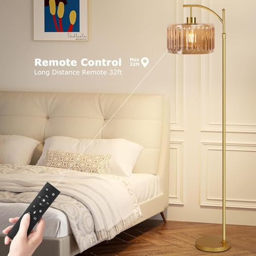 QIYIZM Glass Floor Lamp for Living Room,Bedroom,Gold Dimmable Standing Lamp with Remote,Mid Century Modern Brass Tall Lamp Boho Vintage Retro Floor Lamps Arc Amber Flower Floor Light Lamp Bohemian - size: 24-Floor Lamp