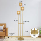 Boho Floor Lamp with Shelves, 3-Lights Farmhouse Tall Floor Lamp with ON/Off Foot Switch, Gold Modern Floor Lamps with Rattan Shades, Rustic Standing Lamp for Living Room, Bedroom, Office - style: Gold-Rattan Shade