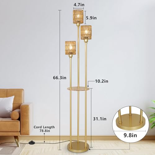 Boho Floor Lamp with Shelves, 3-Lights Farmhouse Tall Floor Lamp with ON/Off Foot Switch, Gold Modern Floor Lamps with Rattan Shades, Rustic Standing Lamp for Living Room, Bedroom, Office - style: Gold-Rattan Shade