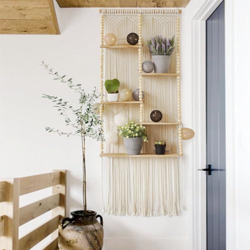 Flber Macrame Wall Hanging Shelf Boho Wall Decor Home 2 Tier Hanger Shelves Braided with Tassels Shelves Organizer for Kitchen, Bedroom, Home Storage, Floating Plant Shelf (Wood) - color: Ivory2