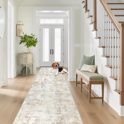 Capslpad 2x12 Beige Abstract Hallway Runner, Ultra Soft Fabric Washable Runner Rug, Non-Slip Rubber Backing, Stain Resistant Low Pile Runners for Hallways, Kitchen, Entryway, Bedroom, Laundry - color: Beige, size: 2' x 12' (Runner)