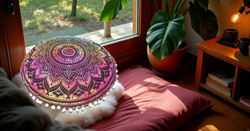 CRAFT KALA Large Round Bohemian Floor Pillow Pouf Cover Mandala Meditation Room Pillow Cover for Adults Boho Seating Poufs Cushion Cover for Kids Playroom 32" Round Multi Ombre - color: Black Multi, size: 32" x 32" (Pack of 1)