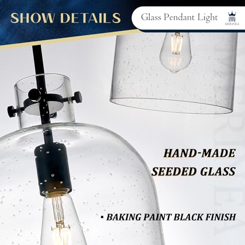 Farmhouse Black Pendant Light – 10" Seeded Glass Dome Hanging Lighting, Hand-Blown Bubble Glass Shade, 1-Light E26 Pendant Lights for Kitchen Island, Dining Room, Hallway - color: Black-Medium Seeded Glass