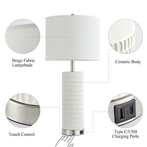 Reaketon 26.5" Ceramic Table Lamp Set of 2, 3 Way Dimmable Touch Control Table Lamp with 2 USB Charging Ports for Bedroom Living Room, Modern Nightstand Lamp End Table Lamps, Bulbs Included - color: White Shade & Silver Base