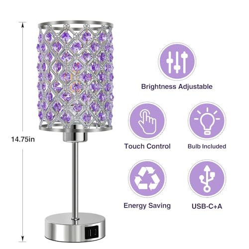 GyroVu Purple Crystal Table Lamps Set of 2, Dimmable Touch Control Bedside Lamps with USB C+A Ports, Small Night Lights for Bedroom, Living Room, Girls Room, Home Office, Bulbs Included - color: Purple-2, size: 14.75"