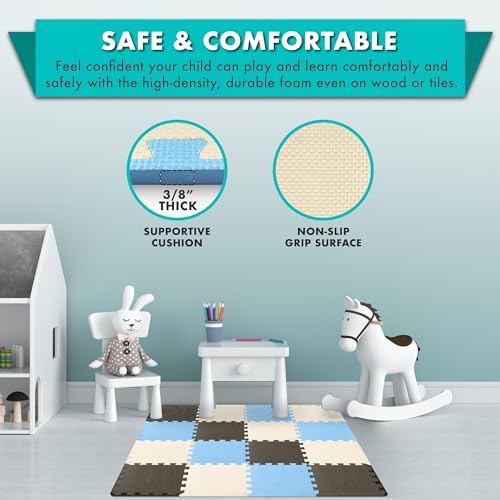 ProSource Baby Play Mat, Soft Foam Floor Tiles for Kids, Interlocking EVA Panels for Playpen Use, Crawling Development Surface, Safe Non-Toxic Toddler Flooring, 16 Tiles, Blue/Brown/Beige - color: Blue/Brown/Beige, size: 16 Tiles