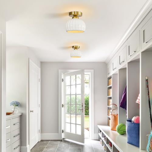 Glaze Ceramic Semi Flush Mount Ceiling Light - 2 Pack, Vintage Gold Hallway Light Fixtures, Milk White Globe Ceiling Lights, Mid Century Small Light Fixture for Cottage Entryway Laundry Room Foyer - color: Glaze Ceramic-Gold