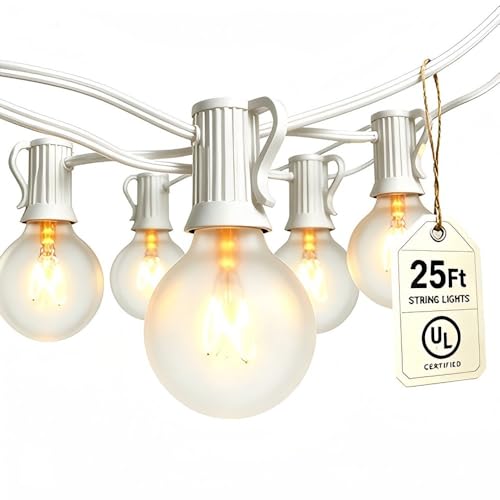 Abeja Outdoor Frosted String Lights G40-25Ft with 27 Clear Bulbs, UL Listed for Patio Garden Umbrella Bars Balcony Party Decor Indoor, E12 Base, 5W, White - color: 25FT Frosted White-White, size: 25FT