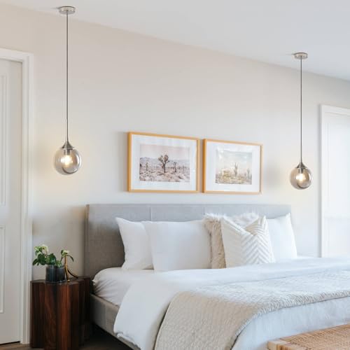 KCO Lighting 7.1” Smoked Glass Pendant Light Single Pendant Light Brushed Nickel Dining Room Light Fixtures Globe Hanging Light Fixture - color: Silver+Smoke Grey