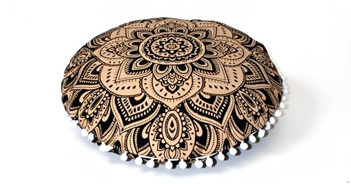 CRAFT KALA 32" in Round Mandala Floor Pillow Cushion Cover Seating Throw Cover Hippie Decorative Bohemian Ottoman Poufs Pillow Cover Cases Boho Cotton Living Yoga Home Décor Room (Black Gold Flower) - color: Black Gold Flower