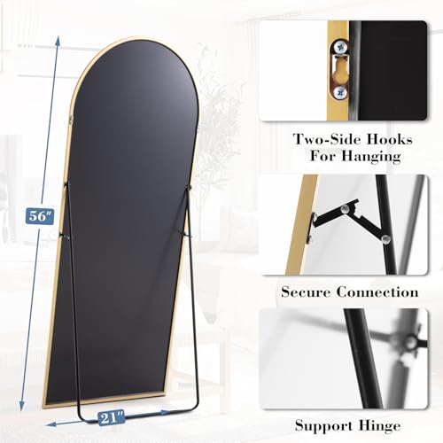DUMOS Arched Full Length Mirror, 56"x21" Full Body Floor Standing Mirror with Aluminum Frame and Shatter Proorf Nano Glass, Modern Wall Hanging Leaning for Living Room, Home Decor, Gold - color: Gold-rounded, size: 56"L x 21"W