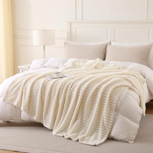 Beige Throw Blanket for Couch Sofa 5070 inches Striped Fleece Blankets Room Home Decor Lightweight Plush Soft Cozy Gifts for Women Mom Girls - color: Beige, size: Twin(60"x80")
