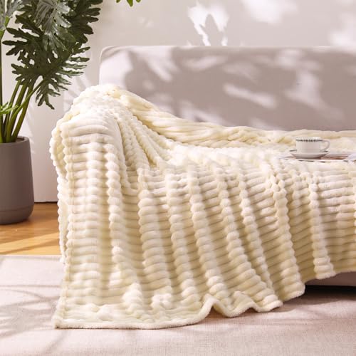 Beige Throw Blanket for Couch Sofa 5070 inches Striped Fleece Blankets Room Home Decor Lightweight Plush Soft Cozy Gifts for Women Mom Girls - color: Beige, size: Twin(60"x80")