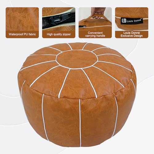 Louis Donné Pouf Ottoman Cover, Handmade Faux PU Leather Moroccan Style, Unstuffed Pouffe Ottomans,20.8" Round Foot Rest for Living Room,Floor Small Bean Bag Chair Gifts for Kids ONLY Cover(Orange)