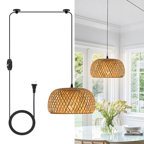 HuisMier Dimmable Plug in Pendant Light Rattan Hanging Lights with 15 Ft Plug in Cord, Handmade Bamboo Lampshade Boho Hanging Light Fixture for Kitchen Island Dining Room Bedroom - color: Natural Bamboo
