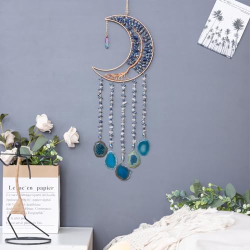 Agate Moon Dream Catchers with Crystal 7 Chakra Gemstone Dream Catchers Color Natural Gem Agate Wall Hangings Room Garden Dreamcatchers Decor (Lake Blue) - color: Lake Blue