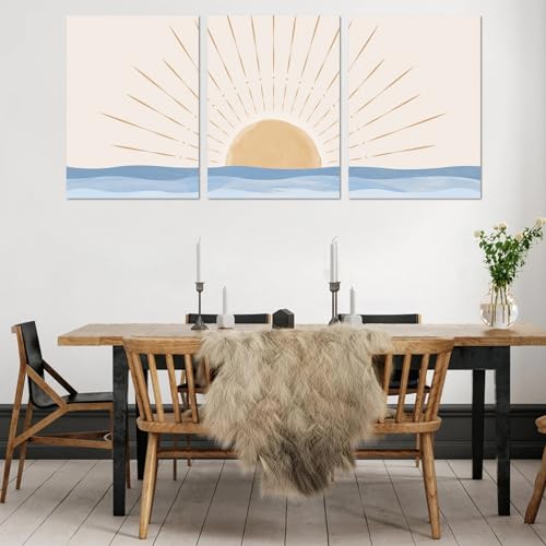 Boho Minimalist Wall Art Set of 3, Framed Canvas Prints - Geometric Line Sunrise Designs, Modern Neutral Wall Art for Living Room, Bedroom, Bathroom, Office, Hotel - size: 16x24Inchx3pcs-Framed