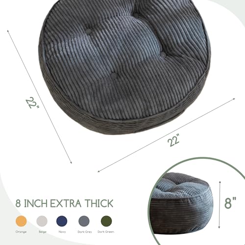 HIGOGOGO 8" Extra Thick Floor Pillow Cushion for Adults, Meditation Cushion Pillow, Large Round Floor Sitting, Tufted Corduroy Cover, for Tatami Living Room or Yoga, 22x22 Inch, Dark Grey - color: Round Dark Grey, size: 8" Thick(Pack of 1)