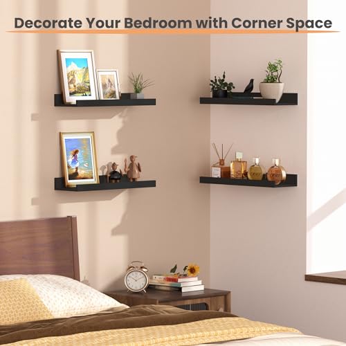 upsimples Floating Shelves for Wall, Wall Shelves for Decor Storage Set of 6, Wall Mounted Wood Shelf for Bedroom, Living Room, Bathroom, Kitchen, Picture Ledge Shelf, Black - color: Black, size: 15.7in