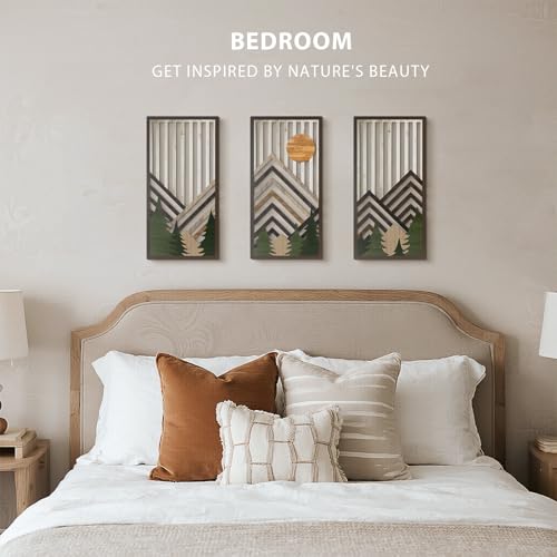 VIYYIEA Boho Solid Wood Carved Wall Art Set of 3, Geometric Minimalist Wooden Home Decor Panels, Handcrafted Solid Wood Wall Hanging for Living Room Bedroom Hallway, 16 x 8 Inch Each (Sunrise Green) - color: Sun Rise