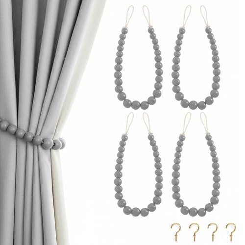 Hion 4 Pcs Boho Curtain Tiebacks,Wood Beads Curtain Holdbacks,Outdoor Farmhouse Tie Backs for Curtains,Curtain Holders for Drapes Home Office Room Decor with Hooks(Grey - color: Grey, size: 4 Pack