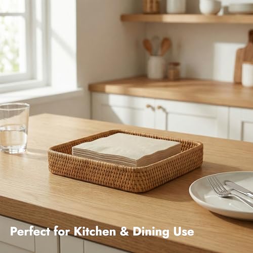 8.3" x 8.3" Wicker Tray, Woven Decorative Tray, Square Rattan Tray Bathroom Vanity Tray Catchall Organizer for Perfume Skincare Jewelry Coffee Bar Kitchen Counter Nightstand Living Room (Square S) - color: Natural Square S (8.3" × 8.3" )