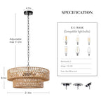 21.6 Inch Boho Rattan Chandelier, 5-Lights Hand Woven Bohemian Chandeliers with 2-Tier Drum Wicker Shade, Modern Farmhouse Large Pendant Light Fixture for Dining Room Living Entryway Bedroom - color: Black Metal, size: 21.6 Inch