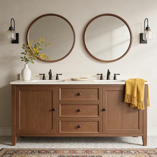 WallBeyond 28 Inch Round Wood Mirror, Large Circle Wooden Frame Wall Mirror for Bathroom, Living Room, Bedroom, Entryway (Walnut) - color: Walnut, size: 28"L x 28"W