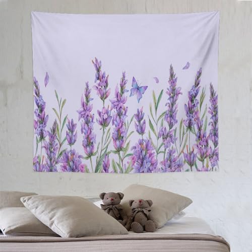 HZOHNAGO Lavender Flower Tapestry Watercolor Purple Floral Butterfly Pattern Printed Wall Tapestry Wall Hanging for Bedroom Living Room Dorm 60" W x 50" H - color: Lavender-10, size: 60"L x 50"W