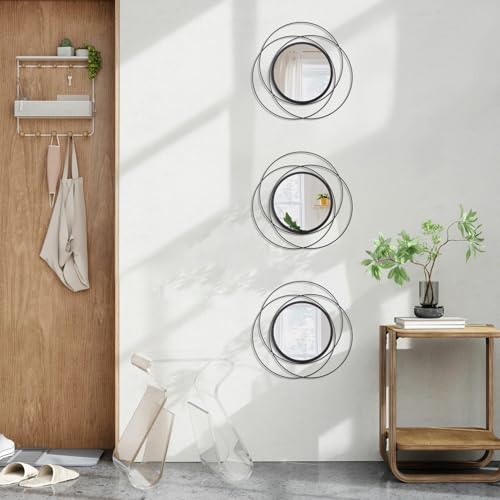 Black 3 Pcs Decorative Wall Mirror Circle Modern Mirror Round Art Ring Metal Mirrors Wall Decor Wall Mounted Mirror for Living Room Bedroom Dining Room Hallway Entryway 12" - color: Round-black, size: 3 Set 12"L x 12"W