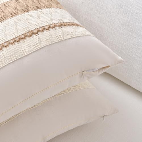 Fancy Homi Set of 1 Boho Neutral Decorative Throw Pillow Cover 16x16 Inch for Couch Bed Sofa, Aesthetic Modern Organic Farmhouse Home Decor, Soft Cotton Cute Accent Macrame Woven Tan Cushion Case - color: Neutral, size: 16" x 16" (Pack of 1)