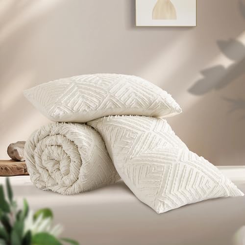 Andency Beige Boho Full Size Comforter Set, 3 Pieces Chevron Tufted Farmhouse Lightweight and Fluffy Bedding Set, All Season Bed Set (79x90In Comforter and 2 Pillow Shams) - color: 01 - Beige, size: Full (79"x90")
