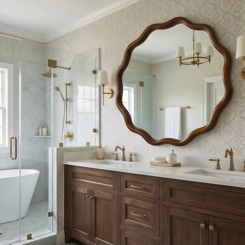 30" Wavy Round Wall Mirror with Solid Wood Frame, Country Irregular Decorative Mirror for Bathroom, Bedroom, Living Room & Entryway, HD Tempered Glass, No Distortion Vanity Mirror (Walnut, 30") - color: Walnut, size: 30"L x 30"W