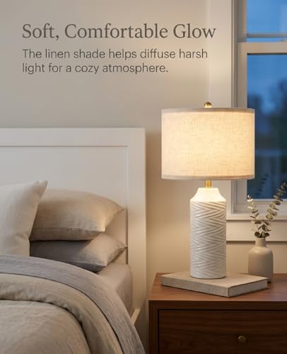 White Table Lamps Set of 2, 22" Ceramic Bedside Lamps for Bedroom - Nightstand Lamp Set of 2 with Linen Shade, Modern Farmhouse Side Table Lamps for Living Room, Rotary Switch, E26 Base