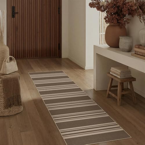 PureCozy Striped Easy Jute 2x6 Kitchen Runner Rug Brown Washable Carpet for Hallway Non Slip Farmhouse Neutral Non Shedding Indoor Outdoor Long Rug Bathroom Bedroom Laundry Entryway - color: Brown/Striped, size: 2' x 6' (Runner)