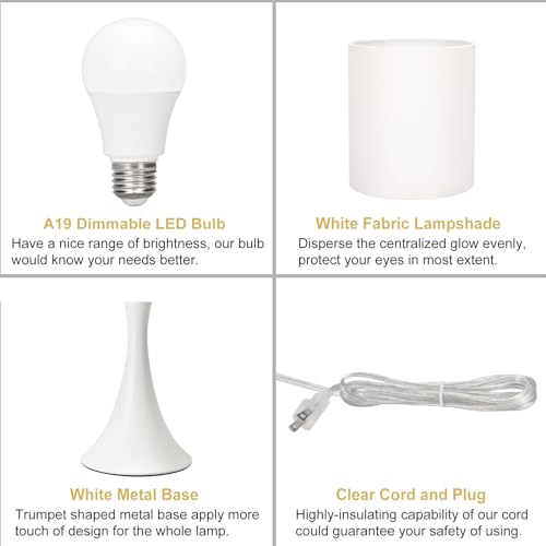 Modern Table Lamps, 3 Way Touch Control Table Lamp, Dimmable Desk Lamp, White Nightstand Lamp with Fabric Shade, Small Bedside Lamp for Living Room, Dorm,Home Office, LED Bulb Included - color: White Base with White Shade