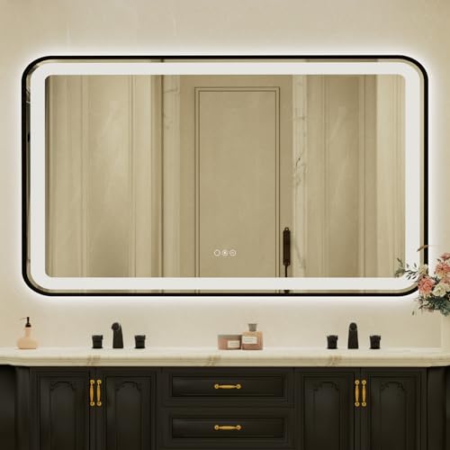 32x55 Inch LED Bathroom Mirror with Black Frame,Front and Backlit Vanity Mirror,Tempered Glass,Stepless Dimmable Wall Mirrors with Anti-Fog, 3 Colors, Memory, Waterproof, LED Smart Bathroom Mirror - color: Black, size: 32"L x 55"W