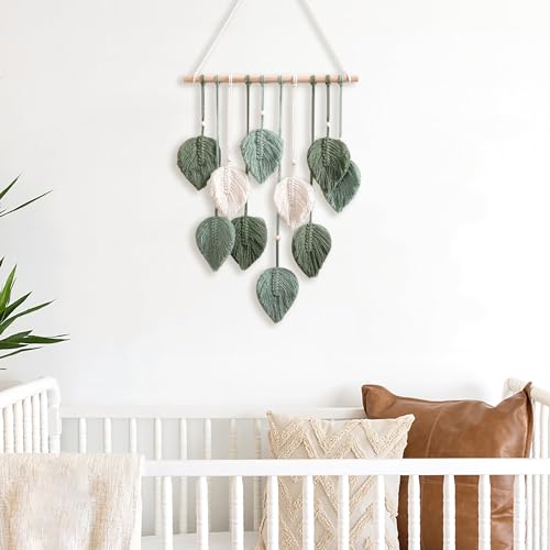 Artilady Macrame Tapestry Wall Hanging - Hand Woven Boho Tapestry Sage Green Leaves Wall Decor, Rustic Tassels Yarn Hanging Ornament Decor for Bedroom Living Room Dorm - color: Green
