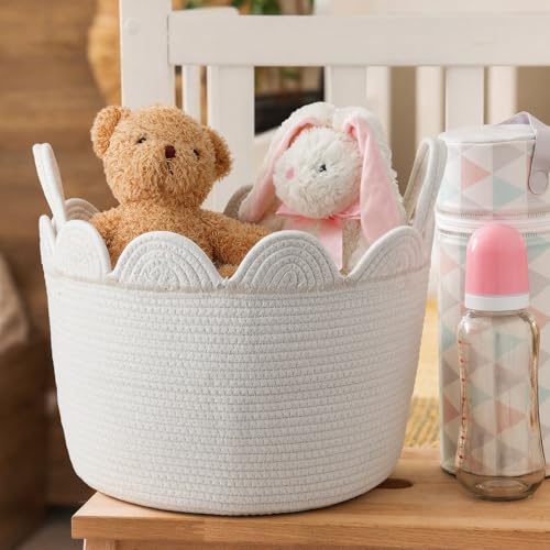 LemonRoad White Round Basket Large Blanket Basket 15.8" L X 15.8" W X13.8" H Scalloped Woven Baskets Cotton Storage Baskets for Nursery Classroom Closet Blankets Storage Home Decor - color: White, size: 15.8" L X 15.8" W X13.8" H