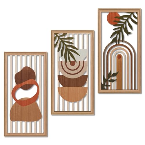 Putuo Decor Boho Wall Art Set of 3, Modern Minimalist Wooden Wall Decor, Abstract Aesthetic Room Decorations, Mid-Century Modern Artwork for Living Room, Bedroom, Office Orange 16.5 x 8.6 inch - color: Orange