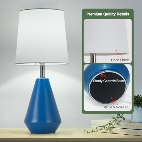 Small Bedside Table Lamp for Bedroom - Reading Desk Lamp with 3 Color Temperatures，15.5" Nightstand Ceramic Lamp with Fabric Shade for Kids Room,Living Room,Dorm,Home Office (Blue+White) - color: Blue+White, size: 15.5"