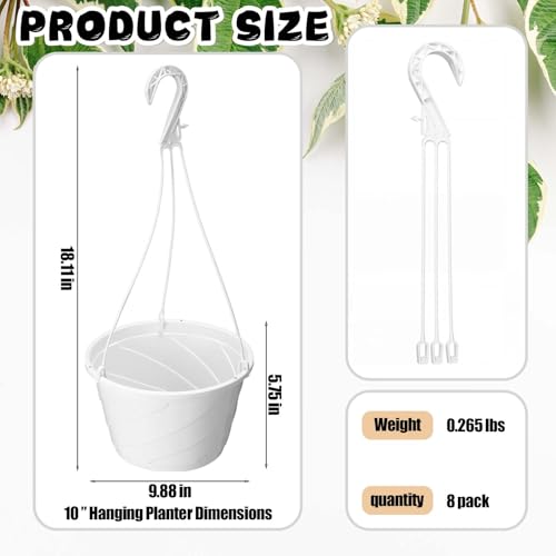 8 Pcs 10 Inch Modern Euro Swirl Hanging Planter Uv-Resistant Plastic Hanging Basket Smart Drainage Lightweight Indoor Outdoor Flower Pots for Garden Porch Balcony Patio Home Decor (White) - color: White
